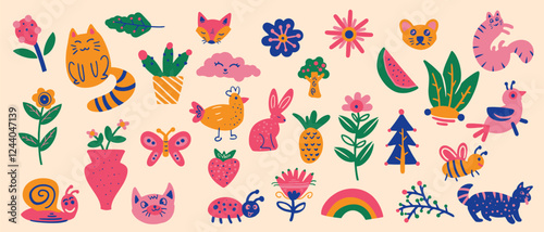Spring Colorful Doodle Set. Flowers and animal vector illustration, seamless pattern. Cute spring collection