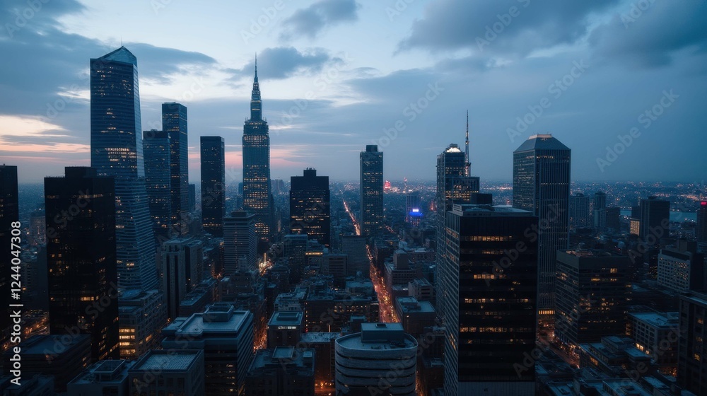 Obraz premium Twilight Cityscape of Skyscrapers and Urban Lights in New York
