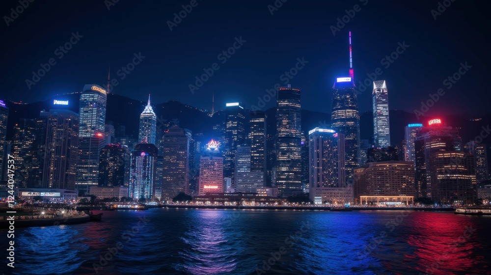 Night City Skyline with Reflections Over Water in Urban Setting Night City Skyline with Reflections Over Water in Urban Setting