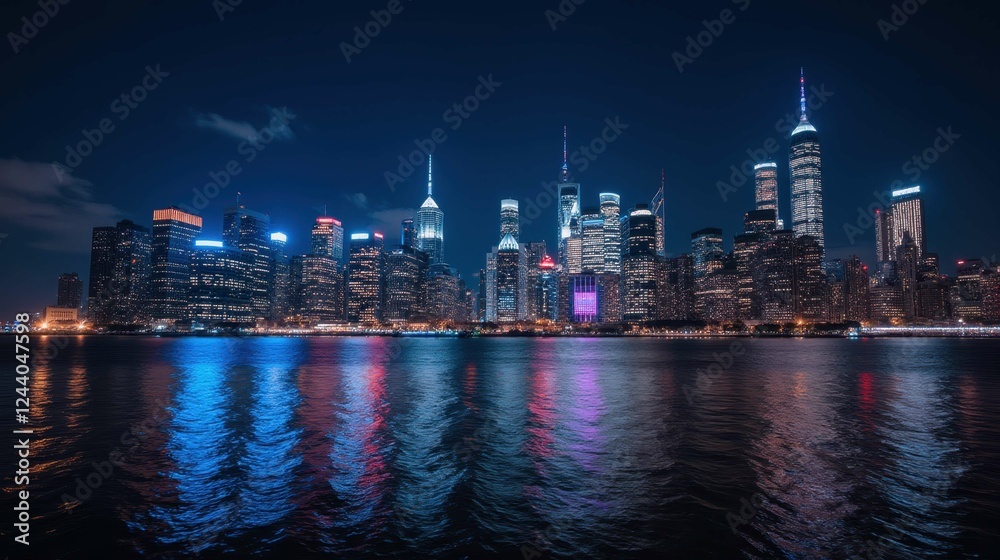 Fototapeta premium Nighttime Cityscape View of Manhattan Skyline with Reflections