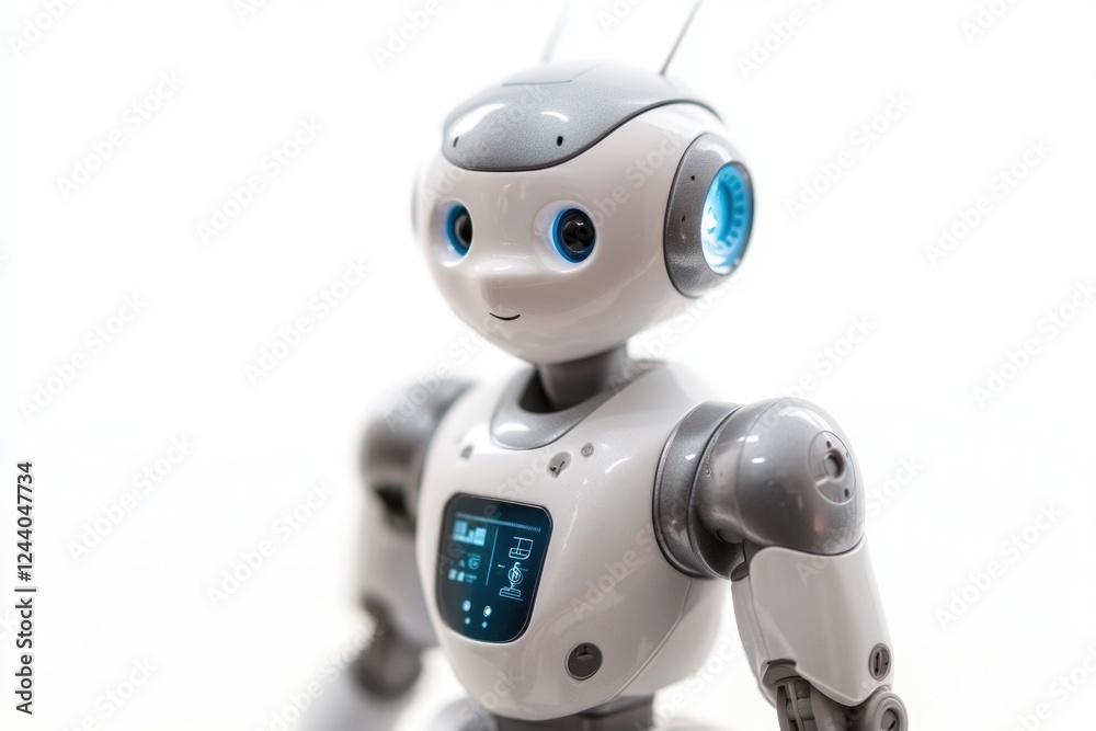 A white robot with bright blue eyes standing on a white surface, suitable for futuristic or technological concepts A white robot with bright blue eyes standing on a white surface, suitable for futuristic or technological concepts
