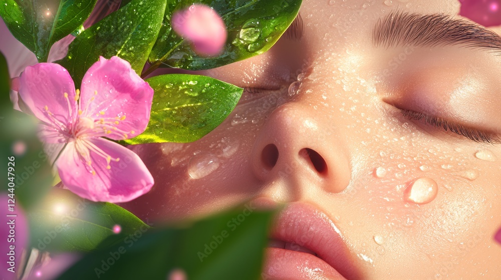 Fototapeta premium Close up of a woman's face adorned with pink blossoms and water droplets, bathed in sunlight.