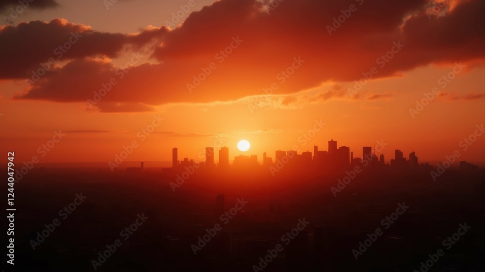 Naklejka premium Stunning Sunset Over City Skyline with Vibrant Orange and Yellow Hues