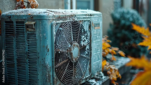 Rusty air conditioning unit surrounded by autumn leaves and frost