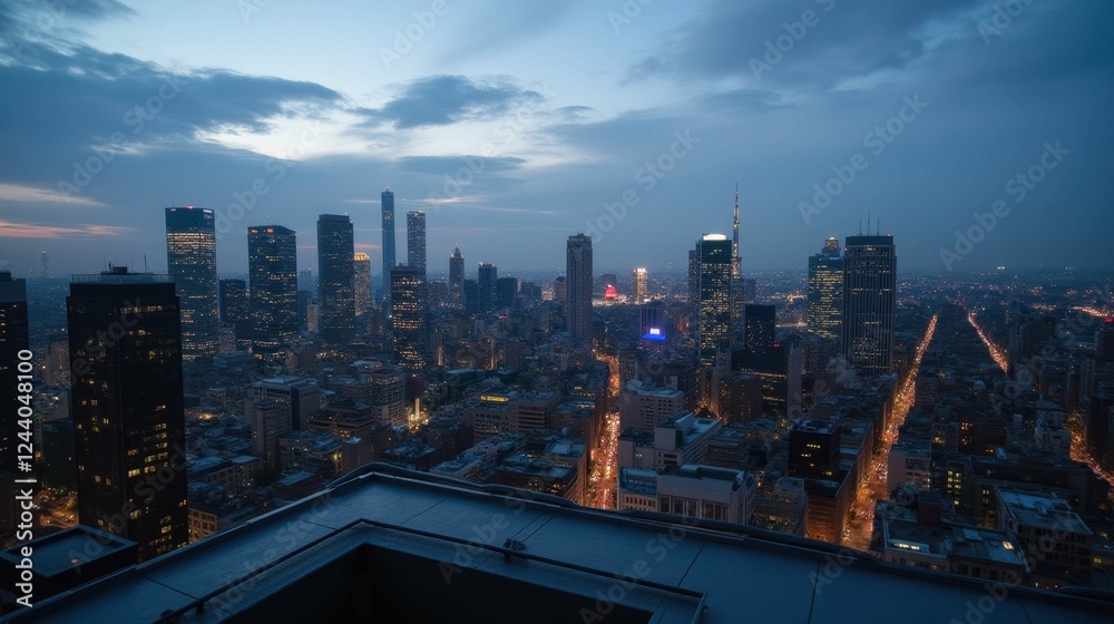 Fototapeta premium Urban city skyline at dusk with buildings and road lights glowing