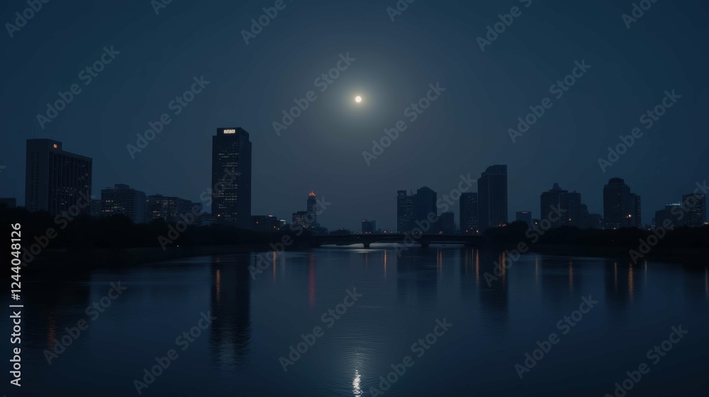 Fototapeta premium Nighttime Cityscape Reflection with Bright Moon Over Water