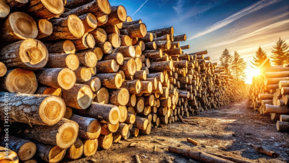 Golden Hour Lumber Stack Rows of freshly cut wood logs at sunset Golden Hour Lumber Stack Rows of freshly cut wood logs at sunset