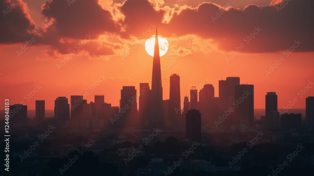 Stunning Sunset Over City Skyline with Sunburst Behind Buildings Stunning Sunset Over City Skyline with Sunburst Behind Buildings