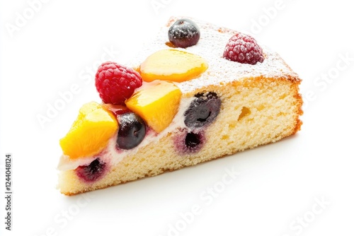 A slice of sweet delight with fresh fruit and powdered sugar
