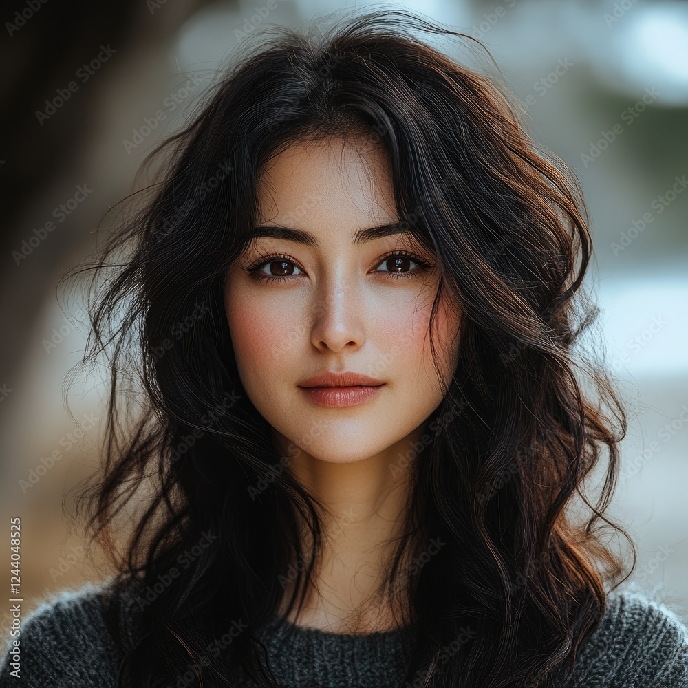 Fototapeta premium Young Woman with Long Dark Wavy Hair