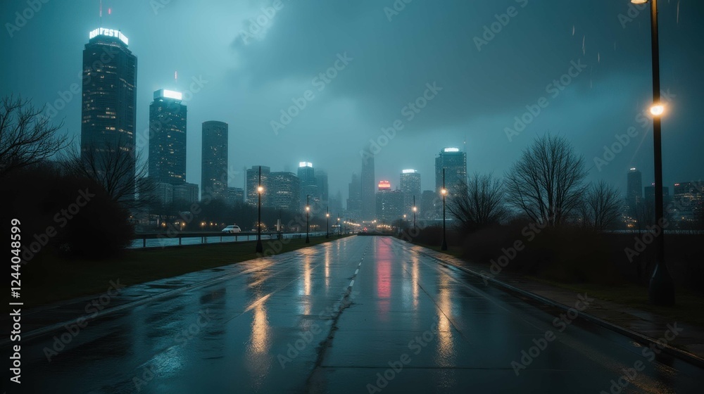 Obraz premium Foggy Night Urban Landscape with City Skyline and Reflections