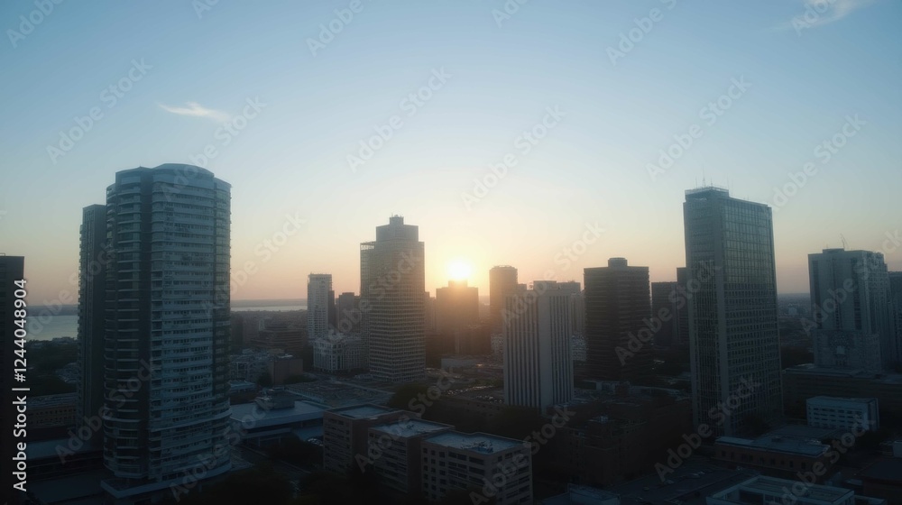 Obraz premium Sunrise Over Urban Skyline with Silhouetted Buildings and Colors