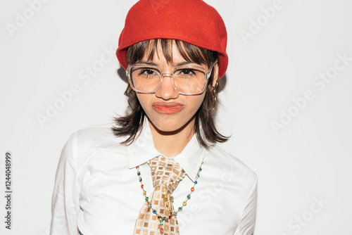 Young office woman wearing red beret, clear glasses posing photo