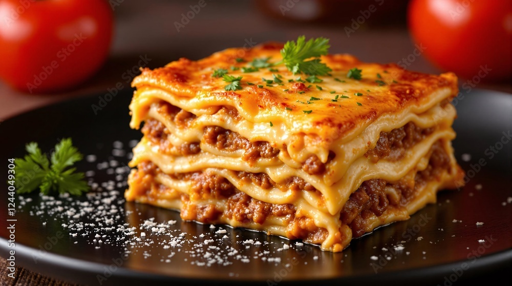 Delicious Homemade Lasagna Slice with Layers of Pasta, Meat Sauce, and Melted Cheese on a Dark Plate – Perfectly Baked with Golden Crispy Edges and Fresh Herbs, Captured in Warm Lighting