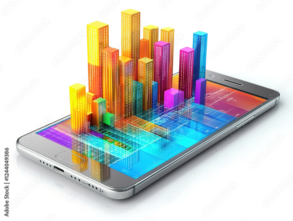Isometric mobile phone displaying business analytics and trends Isometric mobile phone displaying business analytics and trends