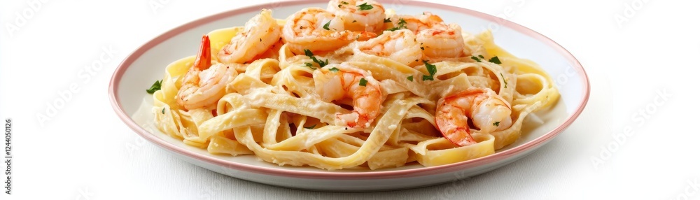 A plate of fettuccine with shrimp scampi, seafood delicacy, lifelike photography, bright golden and pink tones, isolated on white background A plate of fettuccine with shrimp scampi, seafood delicacy, lifelike photography, bright golden and pink tones, isolated on white background