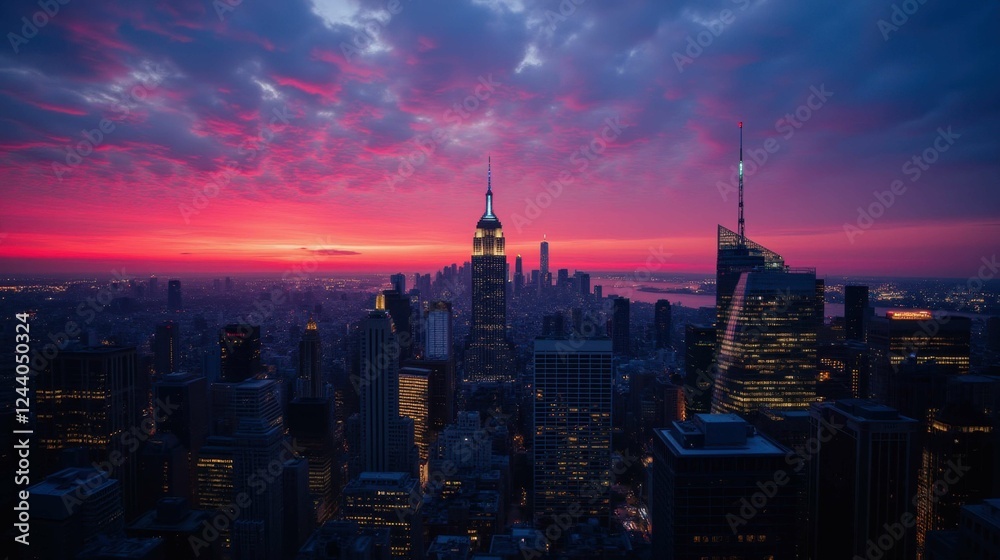 Naklejka premium Stunning Sunset Over New York City Skyline with Dramatic Colors