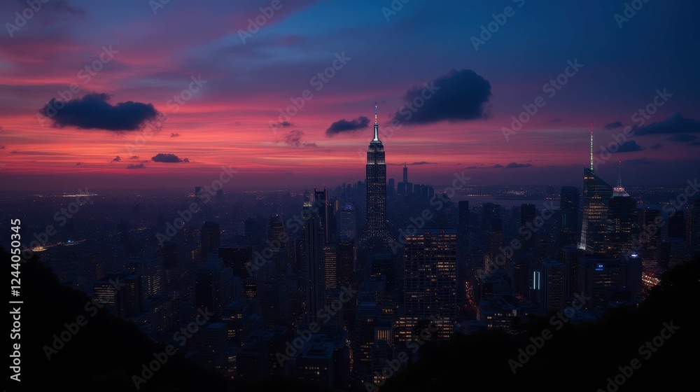Fototapeta premium Stunning City Skyline at Dusk with Vibrant Colorful Clouds