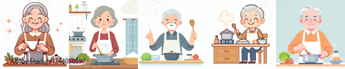 happy senior people vector set cooking