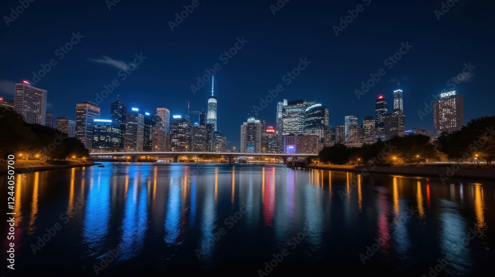 Serene Night Cityscape Reflection Over Calm Water Body in Urban Setting Serene Night Cityscape Reflection Over Calm Water Body in Urban Setting