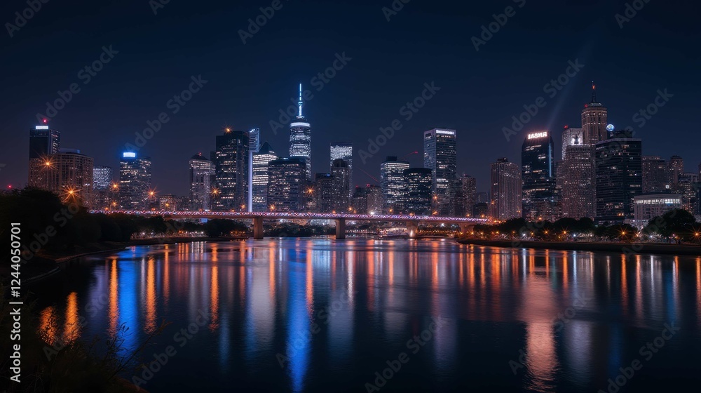 Nighttime City Skyline with Reflections on Calm River Surface Nighttime City Skyline with Reflections on Calm River Surface