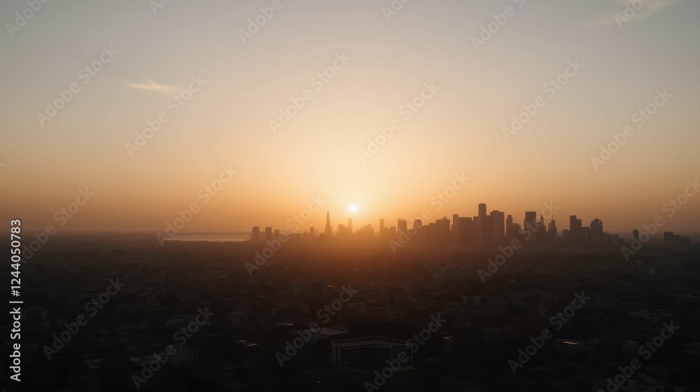 Beautiful Sunset Over City Skyline with Shimmering Horizon Glow Beautiful Sunset Over City Skyline with Shimmering Horizon Glow