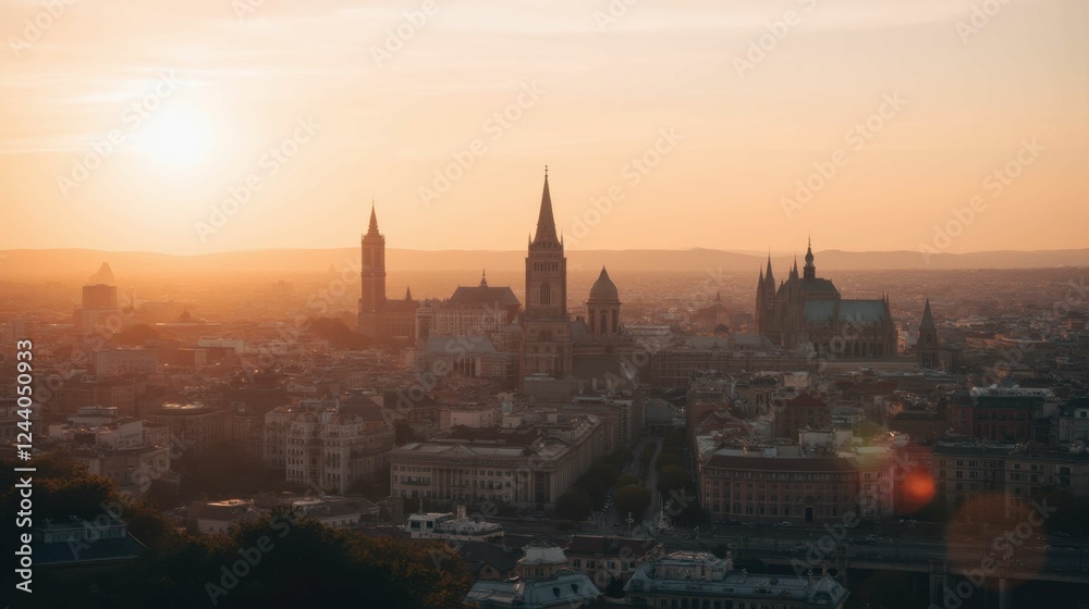 Fototapeta premium Stunning Cityscape at Sunset Over Historic Buildings and Landmarks