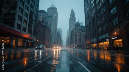 Rainy Evening in Urban Cityscape with Reflections on Street