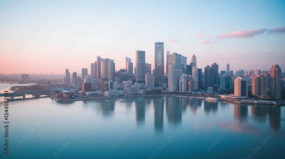 Fototapeta premium Aerial View of Urban Skyline at Sunset Over a Serene Waterfront