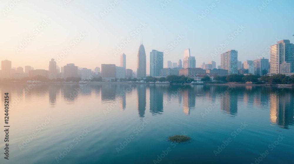 Serene Morning Skyline Reflection Over Calm Water in Urban Setting Serene Morning Skyline Reflection Over Calm Water in Urban Setting