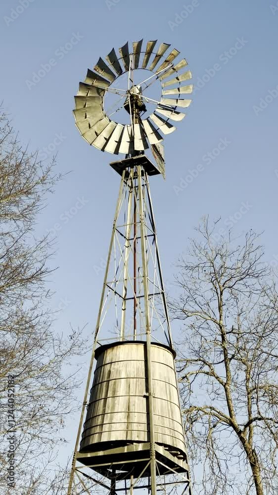 Old windmill turning on a blue sky day. Old windmill turning on a blue sky day.
