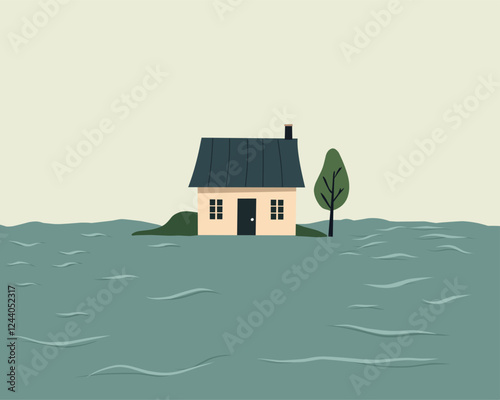 Illustration of a house almost submerged in flood water, depicting flood disaster conditions or environmental risks to property.