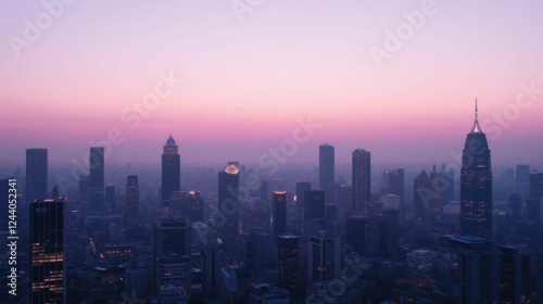 City Skyline at Dusk with Soft Pink and Purple Hues in Background