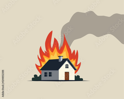 Illustration of a burning house with large flames and thick smoke rising, symbolizing a fire disaster or home security risk.