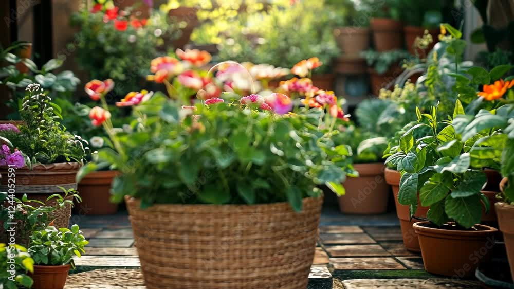 Vibrant flower basket in a lush garden setting with colorful plants Vibrant flower basket in a lush garden setting with colorful plants