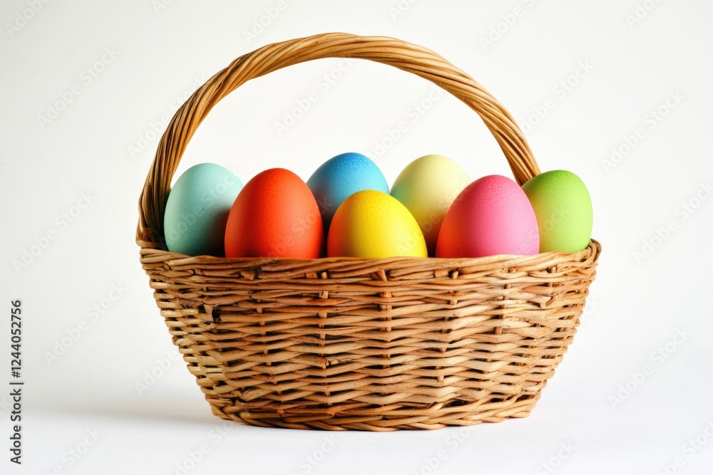 A wicker basket filled with vibrant Easter eggs, great for spring or holiday themes A wicker basket filled with vibrant Easter eggs, great for spring or holiday themes