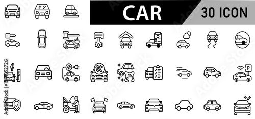 Minimalist Car Icon Pack | 30 Outline Vector Icons, Editable stroke. 