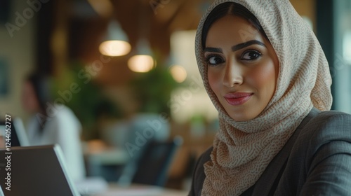 A woman wearing a headscarf gazes directly into the lens photo