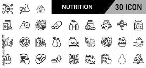 Minimalist Nutrition Icon Pack | 30 Outline Vector Icons, Editable stroke. 