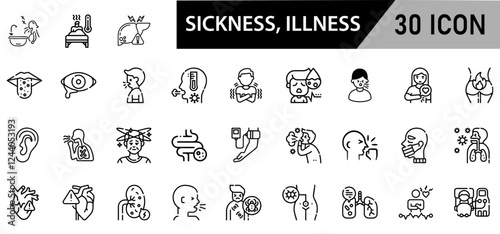 Minimalist Sickness, Illnesses Icon Pack | 30 Outline Vector Icons, Editable stroke. 