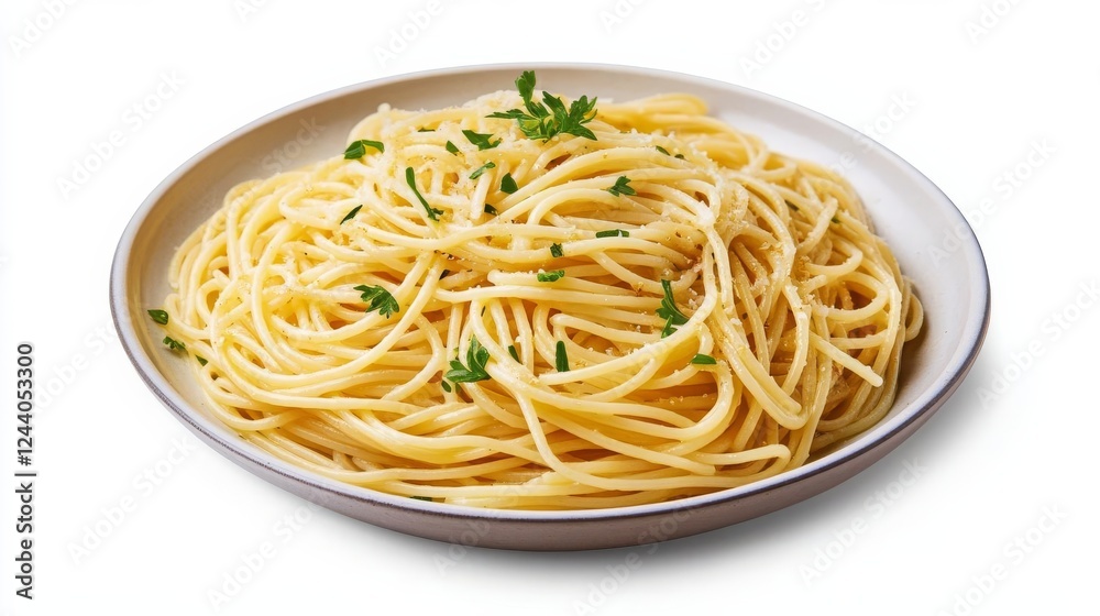 A plate of spaghetti aglio e olio, minimalist Italian dish, hyper-realistic details, soft golden hues, isolated on white background A plate of spaghetti aglio e olio, minimalist Italian dish, hyper-realistic details, soft golden hues, isolated on white background