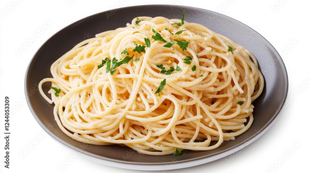 A plate of spaghetti aglio e olio, minimalist Italian dish, hyper-realistic details, soft golden hues, isolated on white background A plate of spaghetti aglio e olio, minimalist Italian dish, hyper-realistic details, soft golden hues, isolated on white background