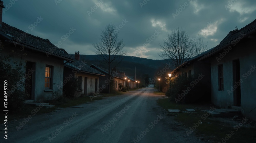 Tranquil Street in Ghost Town Under Cloudy Twilight Sky Tranquil Street in Ghost Town Under Cloudy Twilight Sky
