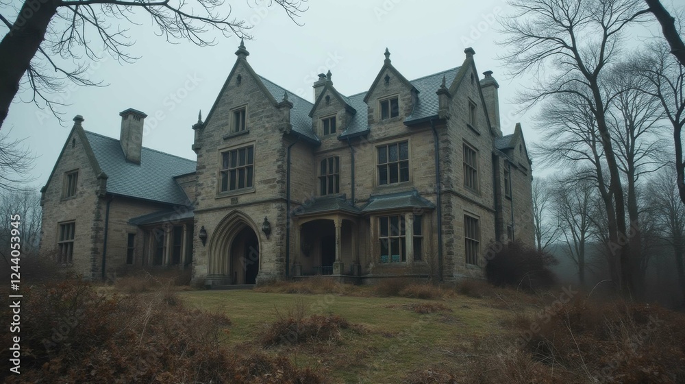 Spooky Victorian Mansion Surrounded By Fog and Bare Trees Spooky Victorian Mansion Surrounded By Fog and Bare Trees