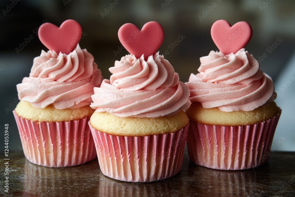 Pink frosted cupcakes with heart decorations on top, perfect for birthdays or special occasions