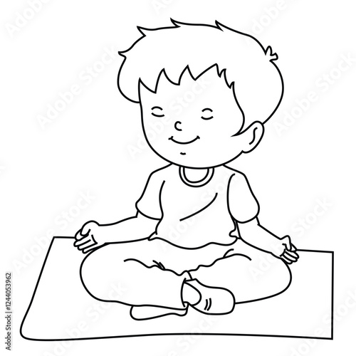 Cute cartoon hand drawn vector boy meditating coloring page.