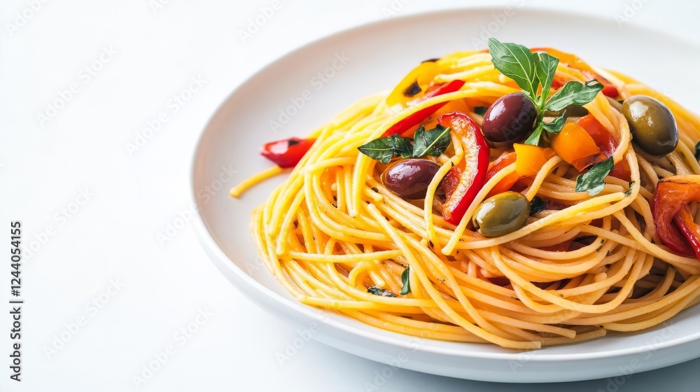 A plate of spaghetti with roasted peppers and olives, Mediterranean-inspired, artistic pencil sketch, vibrant tones, isolated on white background A plate of spaghetti with roasted peppers and olives, Mediterranean-inspired, artistic pencil sketch, vibrant tones, isolated on white background