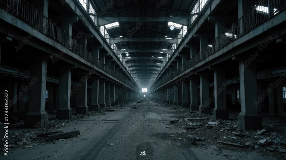 Abandoned Warehouse Interior with Dim Lighting and Concrete Structures Abandoned Warehouse Interior with Dim Lighting and Concrete Structures