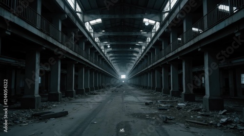 Abandoned Warehouse Interior with Dim Lighting and Concrete Structures