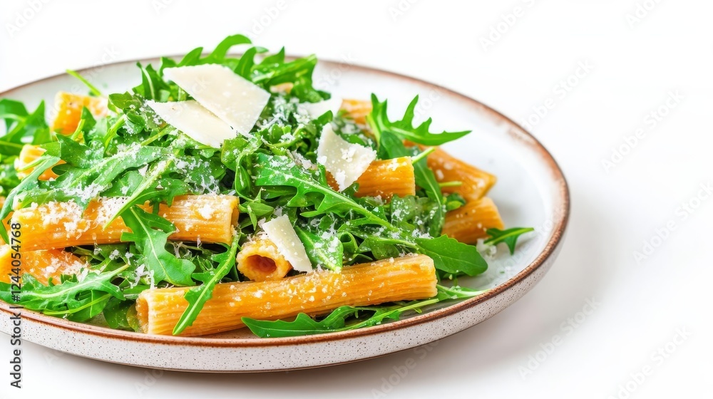 A plate of strozzapreti with arugula and Parmesan, fresh and savory, watercolor style, vibrant green tones, isolated on white background A plate of strozzapreti with arugula and Parmesan, fresh and savory, watercolor style, vibrant green tones, isolated on white background